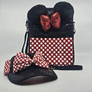 Disney Parks Minnie Mouse Polka Dot Sequin Crossbody Purse Case w Visor Red